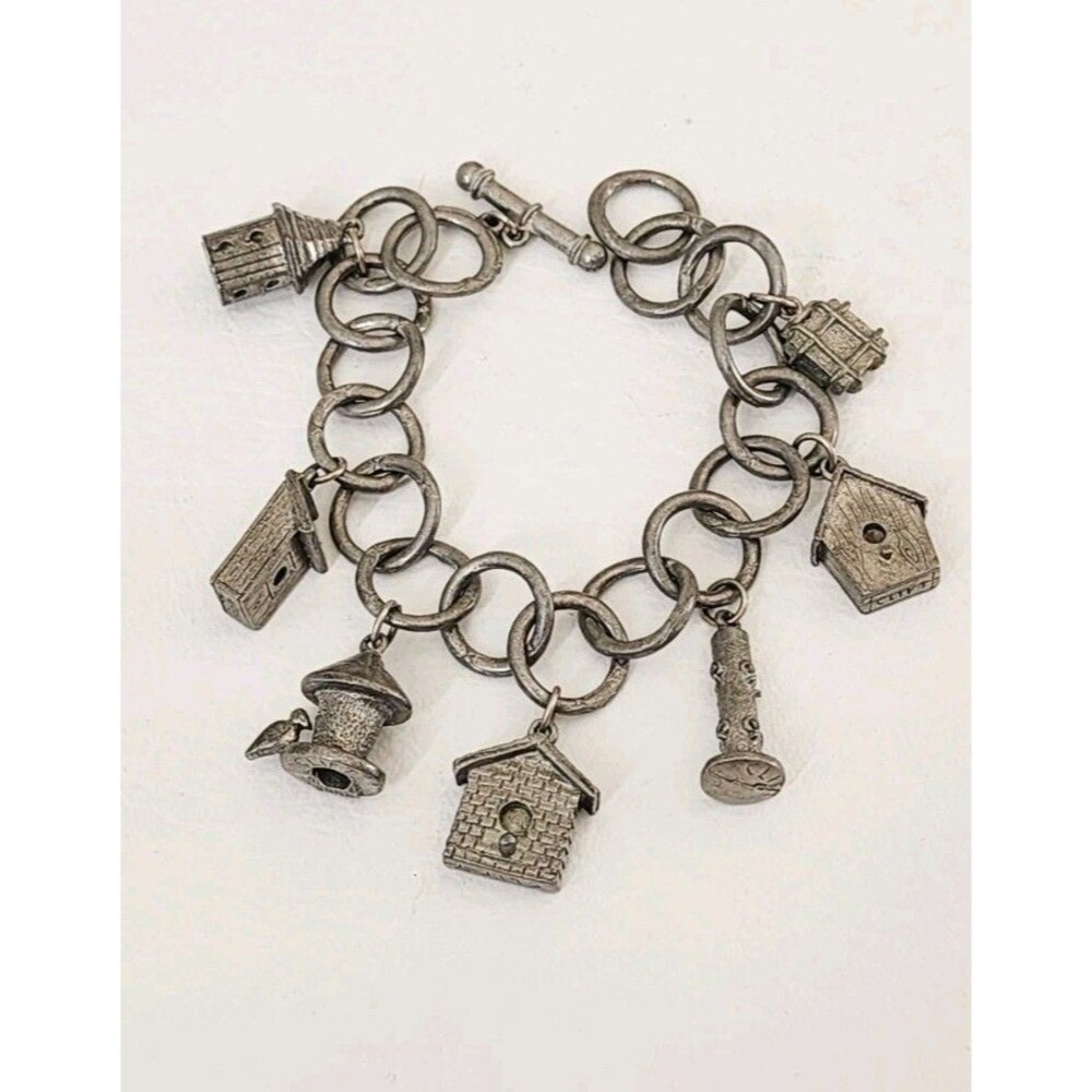 Vintage Jim Clift Pewter Signed Birdhouse/Bird Feeder Charm Bracelet Unique